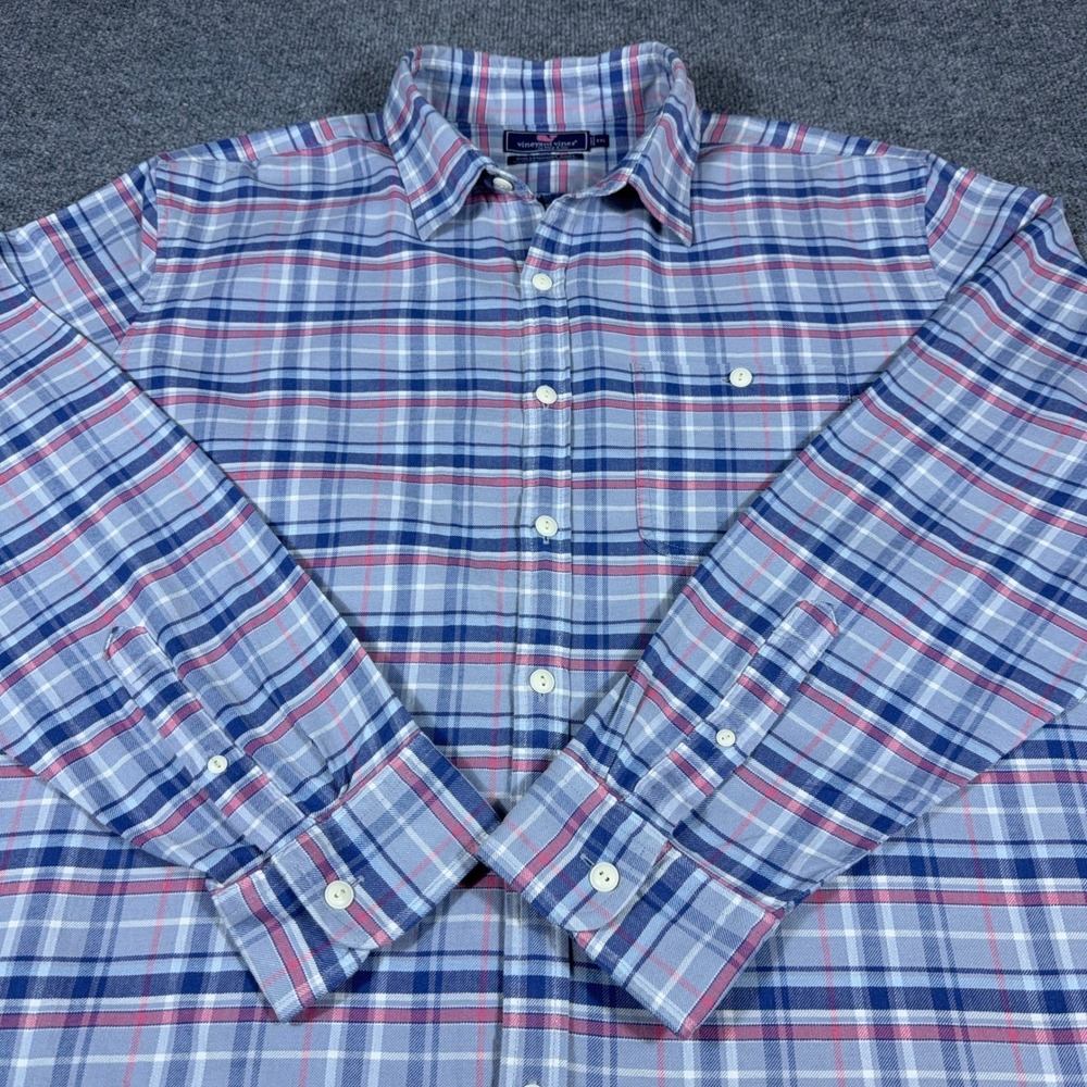 Vineyard Vines Slim Longshore Shirt XXL Blue Pink Plaid Cotton Linen Blend Mens